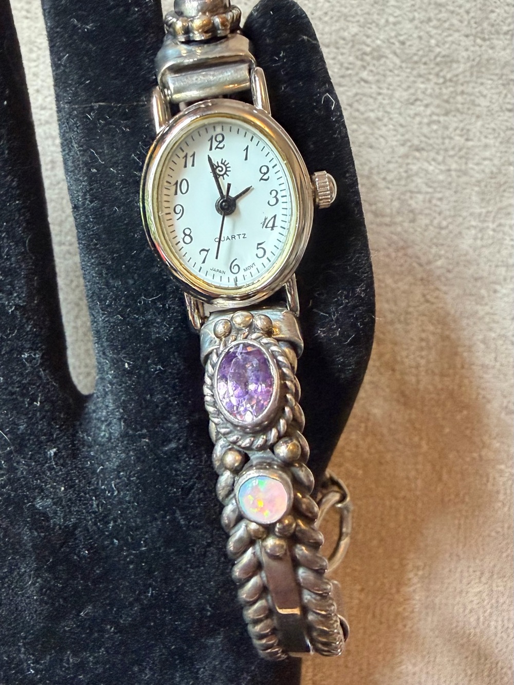 Vintage Sterling Silver Bracelet Watch with Purple Amethyst and Opal Accents. 7” - Picture 2 of 4